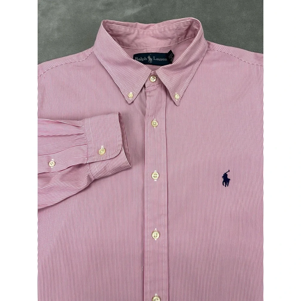 Polo Ralph Lauren Shirt Men 17/43 Pink Striped Back Pleat Button Up Long Sleeve